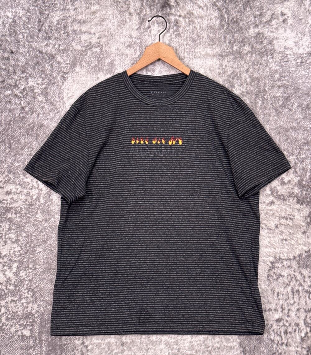 All Saints Shirt Medium Mens Striped Flame Graphic Short Sleeve